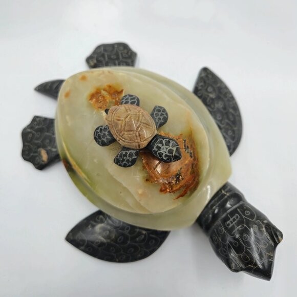 Stone Carved Turtle Box Hinged Lid Mother Baby Vintage Read - Picture 6 of 10